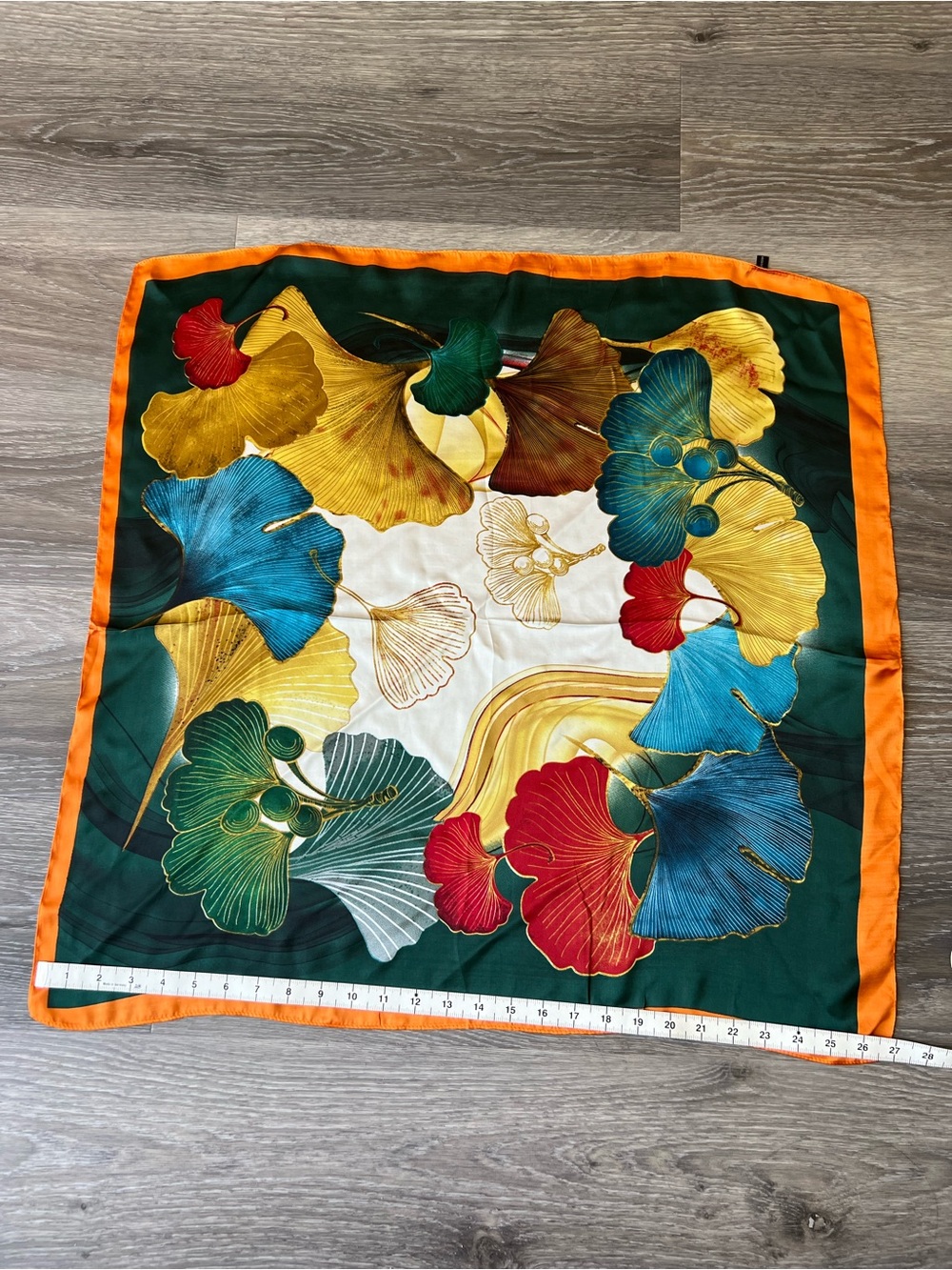 Colorful Ginkgo Leaf   Silky and soft  Scarf with Orange Border